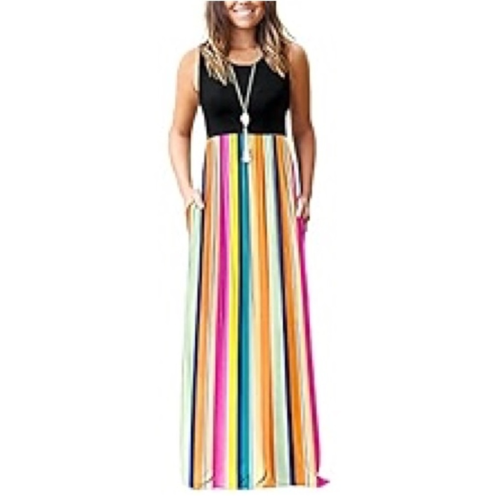Striped Colorful Jersey Summer Maxi Dress W/ Pockets Size XL